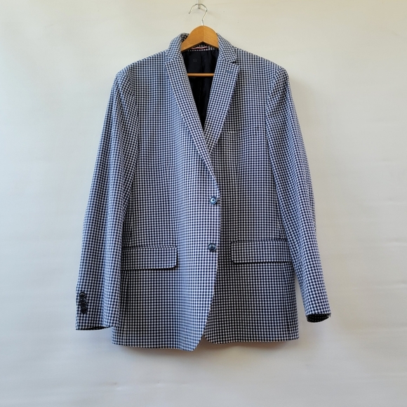 Tommy Hilfiger Navy Blue Gingham Checkered Sports Coat 44R Blazer Preppy Jacket - Picture 2 of 16
